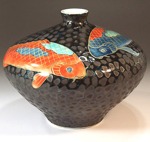 Fujii Kinsai Arita Japan - Tetsuyu Kinsai Carp Vase 14.90 cm - Free Shipping