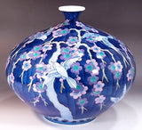 Fujii Kinsai Arita Japan - Somenishiki Weeping plum &  sparrow  Vase  25.50 cm - Free Shipping