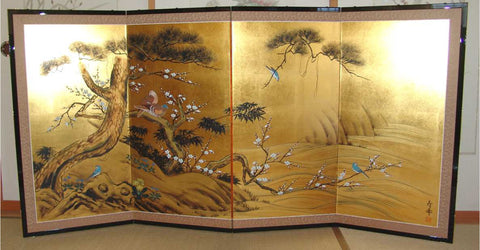 Japanese Traditional Hand Paint Byobu (Gold Leaf Folding Screen) - T 33 - Free Shipping