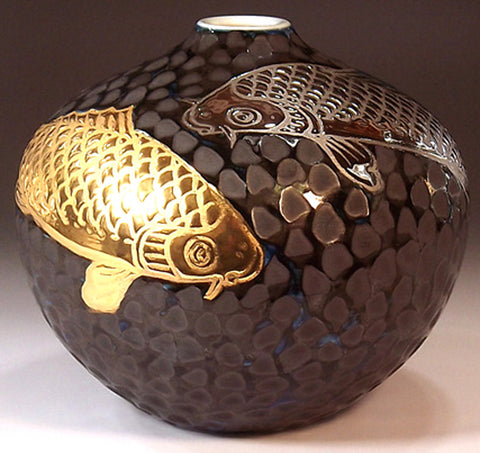 Fujii Kinsai Arita Japan - Tetsuyu Platinum & Gold Carp Vase 14.50 cm - Free Shipping