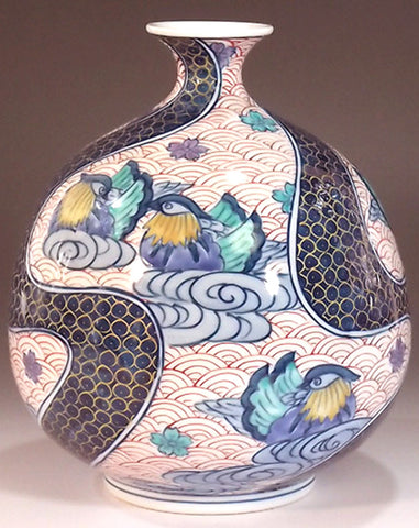 Fujii Kinsai Arita Japan - Somenishiki  Kinsai Oshidori (Mandarin duck) vase 17.50 cm ②　- Free Shipping