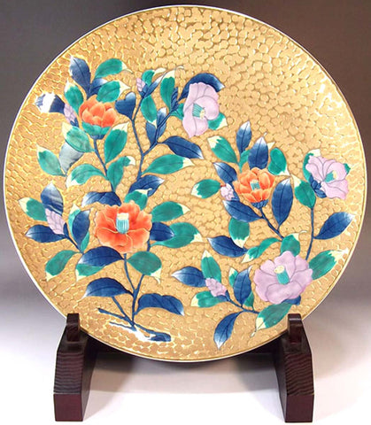 Fujii Kinsai Arita Japan - Somenishiki Golden Tsubaki (Camellia)  Ornamental plate 39.50 cm - Free Shipping