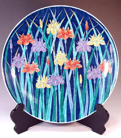 Fujii Kinsai Arita Japan - Somenishiki  Shobu (Iris)  Ornamental plate 33.30 cm - Free Shipping