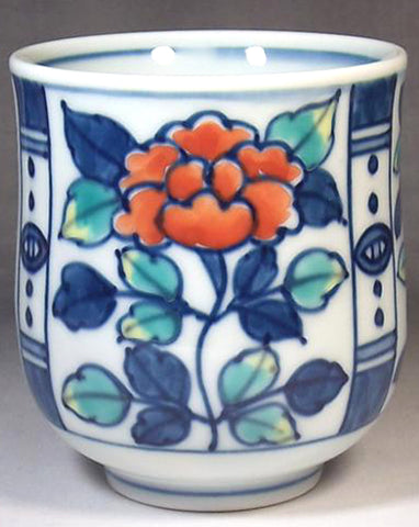 Fujii Kinsai Arita Japan - Somenishiki Peony, peach, chrysanthemum Japanese Tea Cup  (Yunomi) - Free shipping