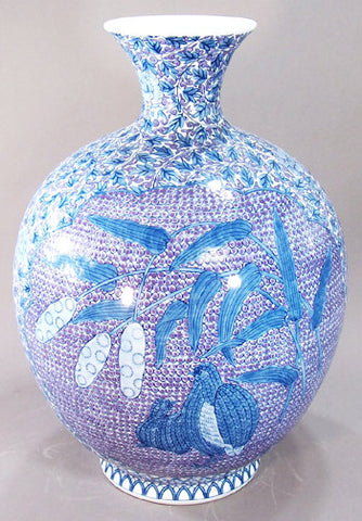 Fujii Kinsai Arita Japan - Somenishiki Karakusa Peony & Uzura (Quail) Vase 43.80 cm  - Free Shipping