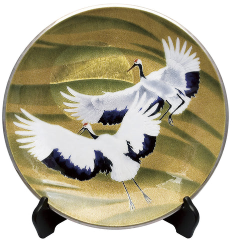 Saikosha - #006-11 Soukaku (Pair of crane) & Rising Sun (Cloisonné ware ornamental plate) 36.00 cm - Free Shipping