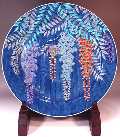 Fujii Kinsai Arita Japan - Somenishiki  Kinsai Wisteria  Ornamental plate 39.50 cm - Free Shipping