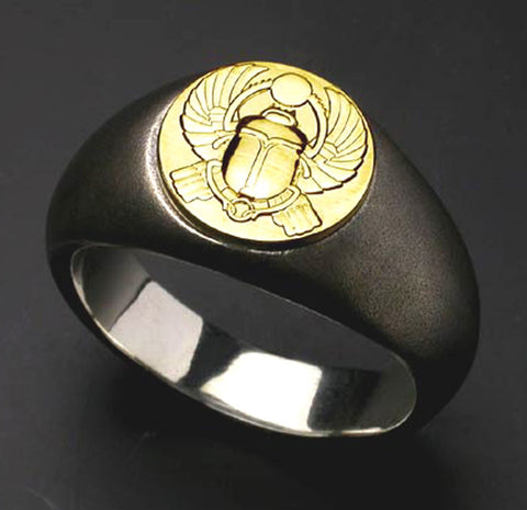Saito - Egyptian motif  KHWPRI - Scarab - God of rebirth & the sunrise 18Kt emblem Amulet Silver Ring