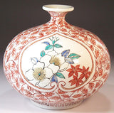 Fujii Kinsai Arita Japan - Somenishiki  Kinsai Peony, Karakusa Wari & Sazanka Vase 16.20 cm - Free Shipping