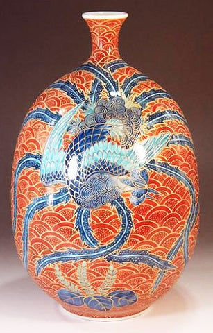 Fujii Kinsai Arita Japan - Somenishiki Kinsai Seigaiha Phoenix Vase 27.50 cm - Free Shipping