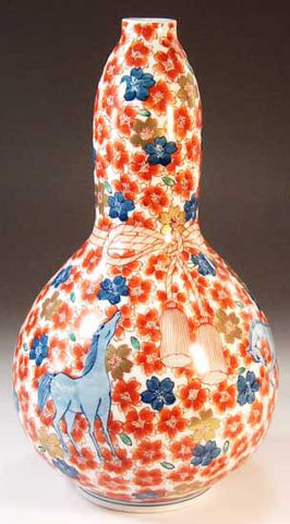 Fujii Kinsai Arita Japan - Somenishiki Kinsai Hanamusubi Sakura Horse Vase 23.20 cm - Free Shipping