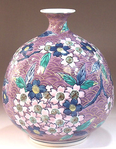 Fujii Kinsai Arita Japan - Somenishiki Kinsai Seigaiha & Sakura Vase 17.50 cm - Free Shipping