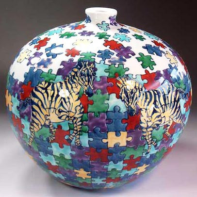 Fujii Kinsai Arita Japan - Iro Nabeshima Style Jigsaw Puzzle Zebra vase 21.00 cm  - Free Shipping