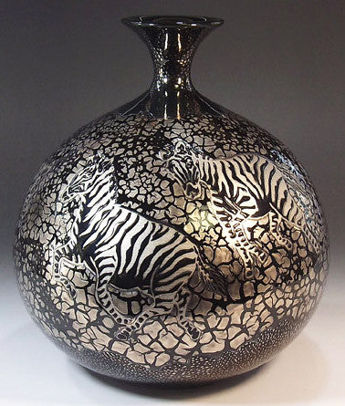 Fujii Kinsai Arita Japan - Tenmokuyu Platinum Zebra vase 25.50 cm - Free Shipping