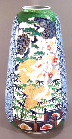 Fujii Kinsai Arita Japan - Somenishiki Kinsai Seigaiha Sho Chiku Bai & Crane Vase  58.70 cm - Free Shipping