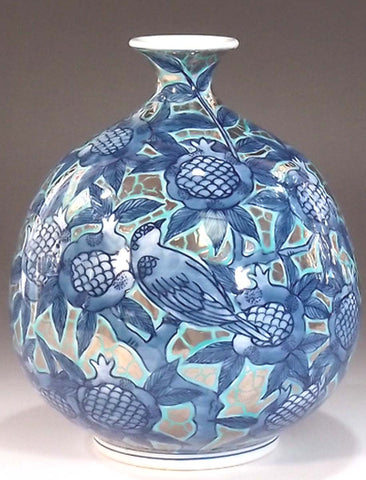 Fujii Kinsai Arita Japan - Somenishiki Platinum Pomegranate & Birds Vase 17.50 cm - Free Shipping