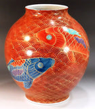 Fujii Kinsai Arita Japan - Somenishiki Kinsai Seigaiha Carp Vase 29.40 cm  - Free Shipping