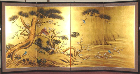 Tominaga Jyuho - Japanese Traditional Hand Paint Byobu (Gold Leaf Folding Screen) - X105 - Free Shipping