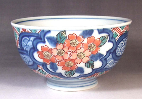 Fujii Kinsai Arita Japan - Somenishiki Sakura, Kiku, Botan Rice Bowl - Free Shipping
