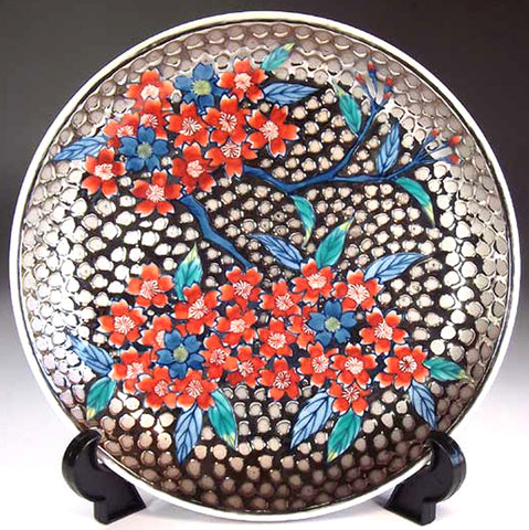 Fujii Kinsai Arita Japan - Somenishiki Platinum Sakura Ornamental plate 19.80 cm - Free Shipping