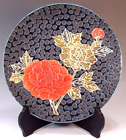 Fujii Kinsai Arita Japan - Tetsuyu Platinum & Gold Peony Ornamental plate 24.00 cm - Free Shipping