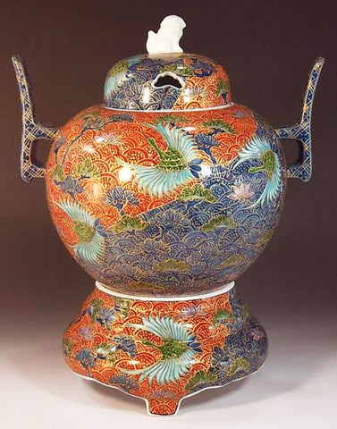 Fujii Kinsai Arita Japan - Somenishiki Kinsai Crane & Pine Incense burner 32.50 cm - Free Shipping