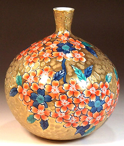 Fujii Kinsai Arita Japan - Somenishiki Golden Sakura Vase 15.60 cm - Free Shipping