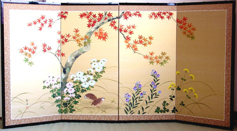 Murata Yuin - Japanese Traditional Hand Paint Byobu (Gold Silk Folding Screen) - X131 - Free Shipping