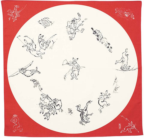 Cho Jyu Jinbutsu Giga Red (鳥獣人物戯画) - Furoshiki 68 x 68 cm