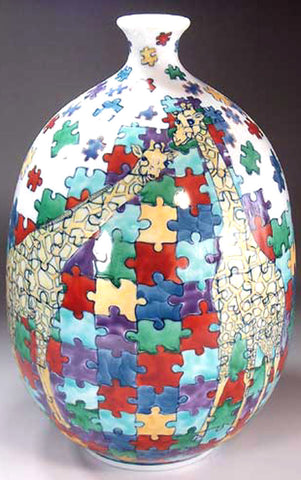 Fujii Kinsai Arita Japan - Iro Nabeshima Style Jigsaw Puzzle Giraffe vase 24.50 cm  - Free Shipping