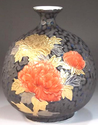 Fujii Kinsai Arita Japan - Tetsuyu Platinum & Gold Peony Vase 17.50 cm - Free Shipping