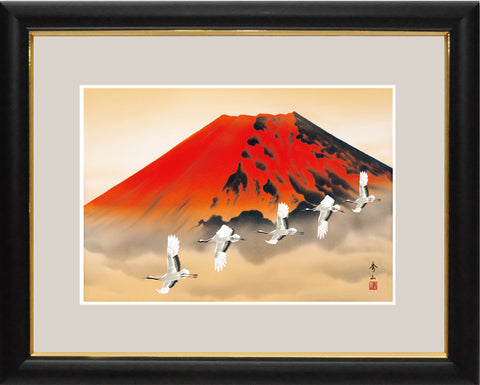 Sankoh Framed Mt. Fuji - G4-BF002L - Aka Fuji Hisho (Mt. Fuji & cranes)