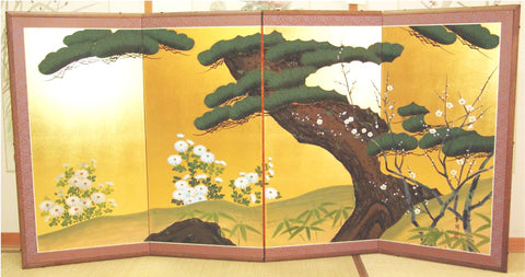 Japanese Traditional Hand Paint Byobu (Gold Leaf Folding Screen) - T 6 - Free Shipping