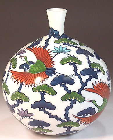 Fujii Kinsai Arita Japan - Somenishiki Tsuru (Crane) & Matsu (Pine) Vase - Free Shipping