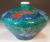 Fujii Kinsai Arita Japan - Somenishiki Phoenix Karakusa Kiri Vase 14.90 cm - Free Shipping