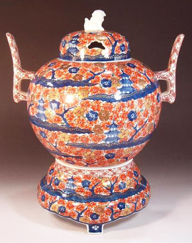 Fujii Kinsai Arita Japan - Somenishiki Kinsai  Full of Sakura and Multi stored building Incense burner 32.50 cm - Free Shipping