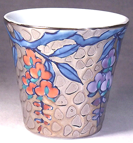 Fujii Kinsai Arita Japan - Somenishiki Platinum Fuji (Wisteria)  Sake Cup (Guinomi) - Free shipping