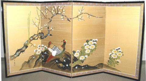 Tominaga Jyuho - Japanese Traditional Hand Paint Byobu (Gold Silk Folding Screen) - X129 - Free Shipping