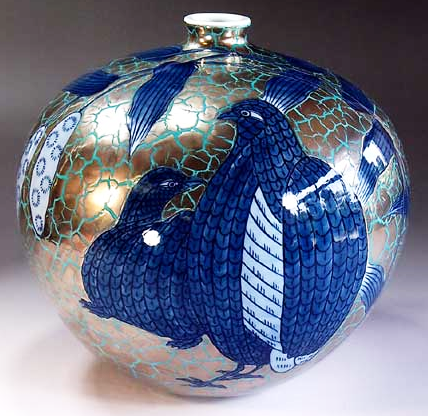 Fujii Kinsai Arita Japan - Somenishiki Platinum Quail Vase 20.40 cm - Free Shipping