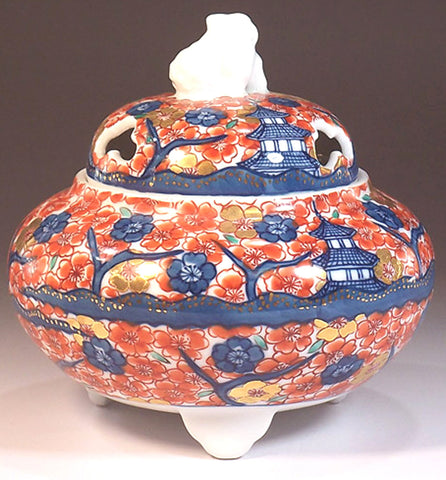 Fujii Kinsai Arita Japan - Somenishiki Kinsai  Full of Sakura and Multi stored building Incense burner - Free Shipping