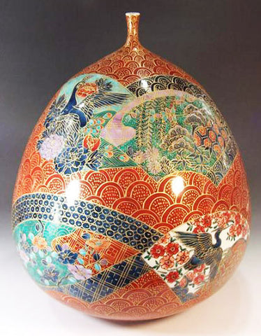 Fujii Kinsai Arita Japan - Somenishiki  Kinsai Seigaiha Oogiwari Flower & Bird vase 37.00 cm - Free Shipping