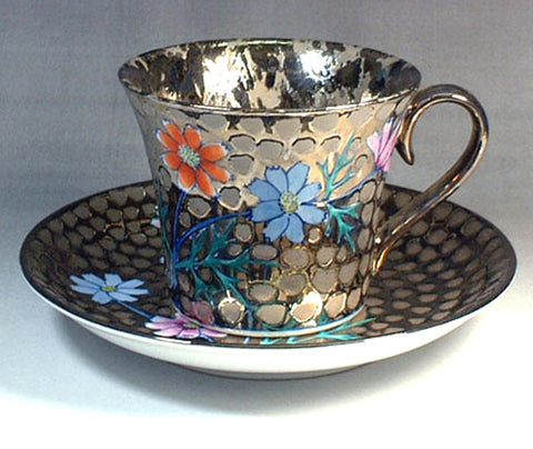 Fujii Kinsai Arita Japan - Somenishiki Platinum Cosmos Cup & Saucer - Free Shipping