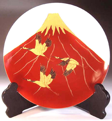 Fujii Kinsai Arita Japan - Shinshayu Kinsai Mt. Fuji & Crain Ornamental plate 26.50 cm - Free Shipping