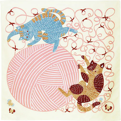 Kata Kata - Water repellent finish - Neko to Keito (Cat) Yellow アクアドロップ ネコと毛糸 イエロー (撥水加工)　- Furoshiki   70 x 70 cm