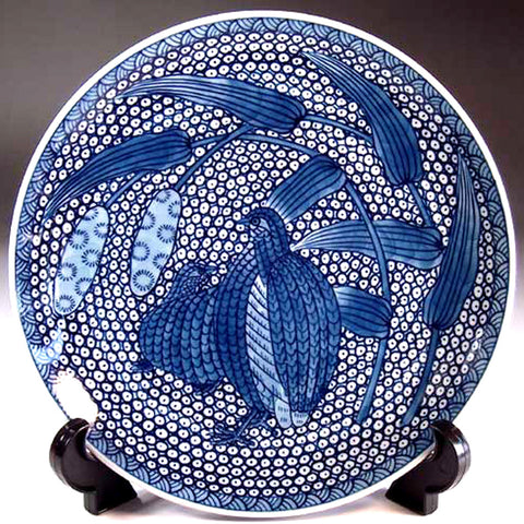Fujii Kinsai Arita Japan - Sometsuke Quail Ornamental plate 19.00 cm - Free Shipping