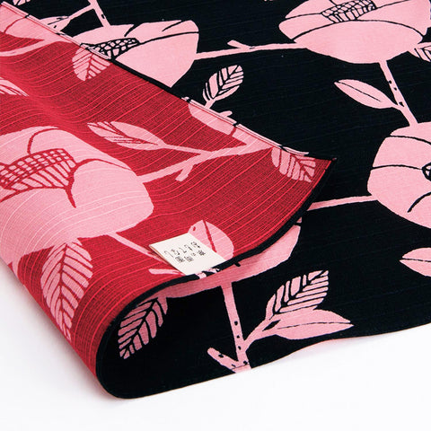 Omotenashi -  Double-Sided Dyeing Tsubaki (Camellia) Black 椿／墨色（すみいろ）- 105 x 105 cm      Furoshiki (Japanese Wrapping Cloth)