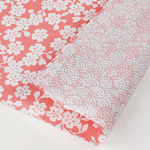 Fukumusubi -  Double-Sided Dyeing 105 x 105 cm - Sakura/ Seigaiha さくら/青海波 ピンク/グレー- Furoshiki (Japanese Wrapping Cloth)