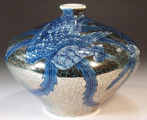 Fujii Kinsai Arita Japan - Somenishiki Ryokugi Platinum Phoenix Vase 14.90 cm - Free Shipping