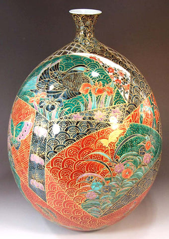 Fujii Kinsai Arita Japan - Somenishiki  Kinsai Seigaiha Oogiwari Flower & Bird vase 38.00 cm - Free Shipping