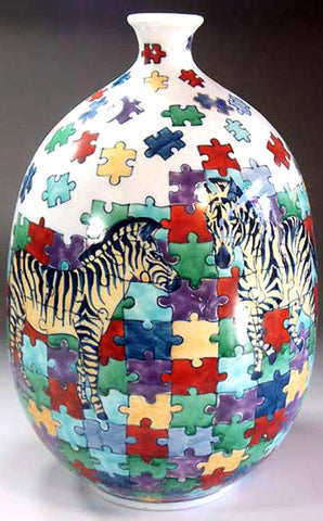 Fujii Kinsai Arita Japan - Iro Nabeshima Style Jigsaw Puzzle Zebra vase 24.50 cm  - Free Shipping